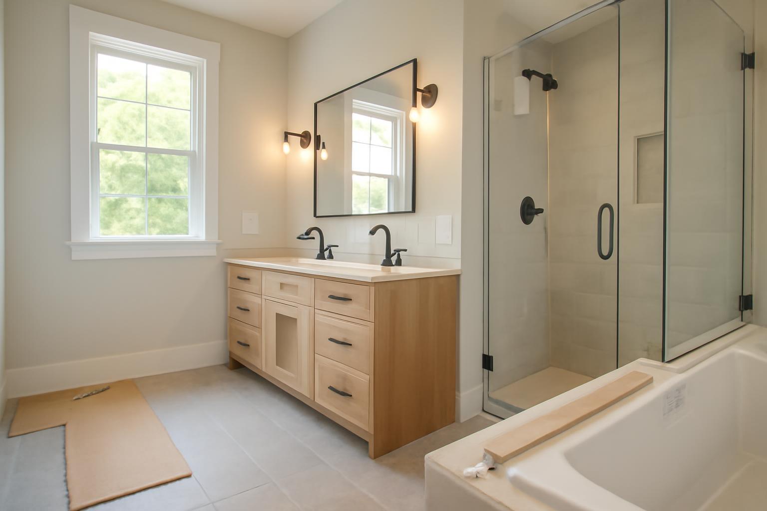 Modern fürdőszoba, világos színű falakkal és fa bútorokkal, tükörrel.