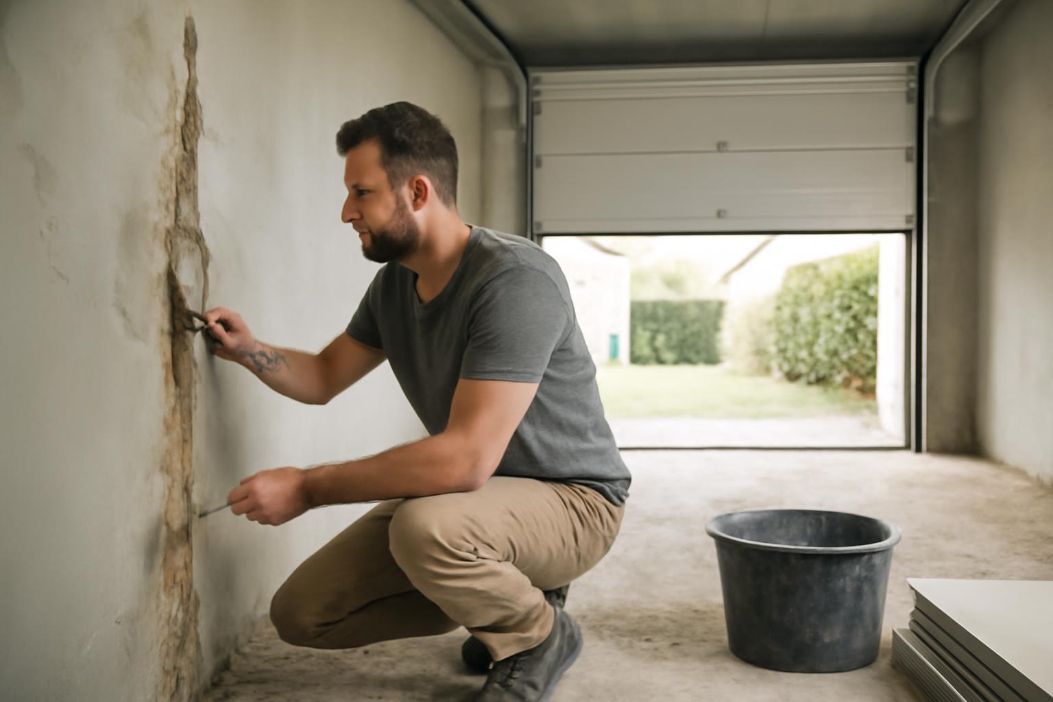 Egy férfi garázs falát javítja, a felújítás költségei láthatók.