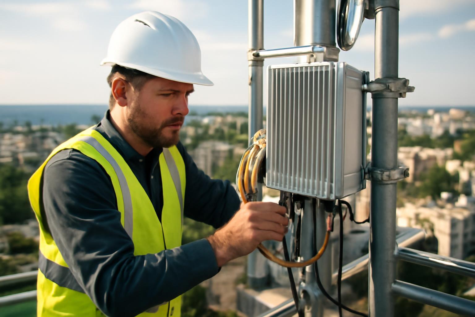 Egy munkás hálózati berendezést szerel a tetőn, városi háttérrel.