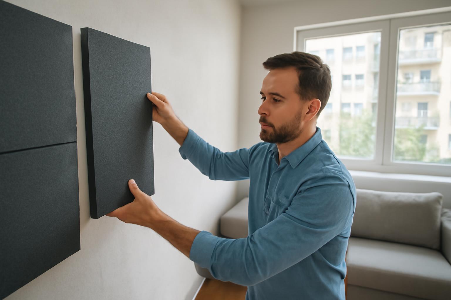 Egy férfi hangszigetelő paneleket helyez el a falon egy lakásban.