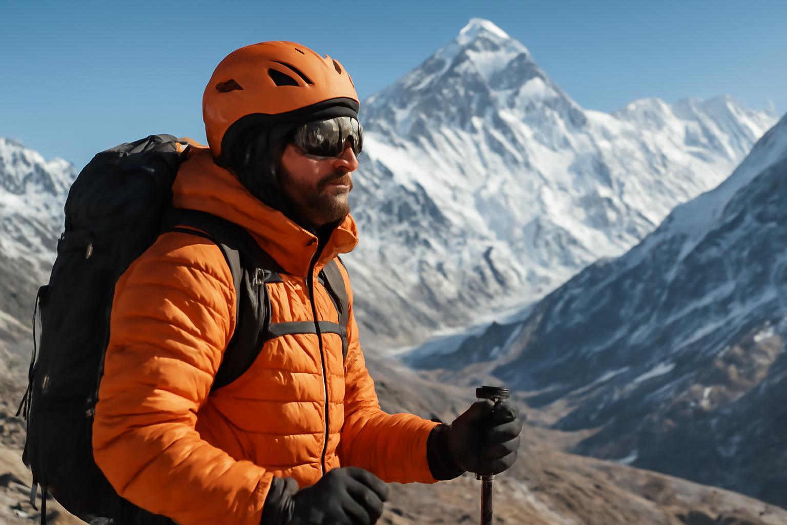 Egy hegymászó narancssárga kabátban és sisakban a Himalájában, háttérben az Everest.