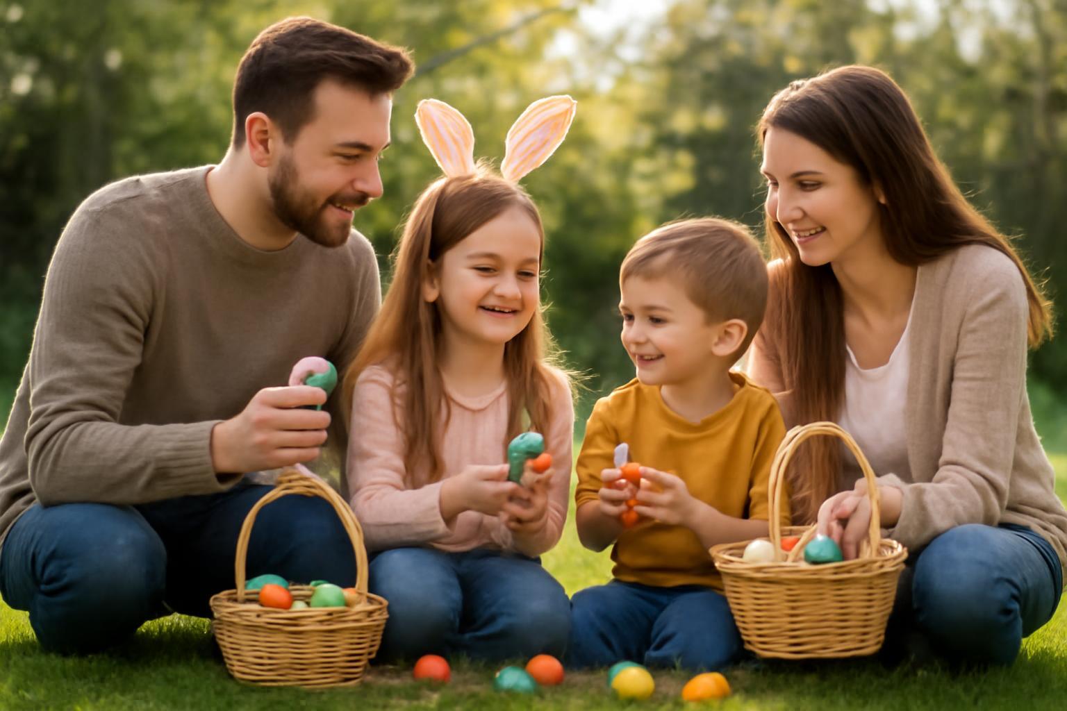 Egy család húsvéti tojáskeresést játszik a szabadban, boldog gyerekekkel.