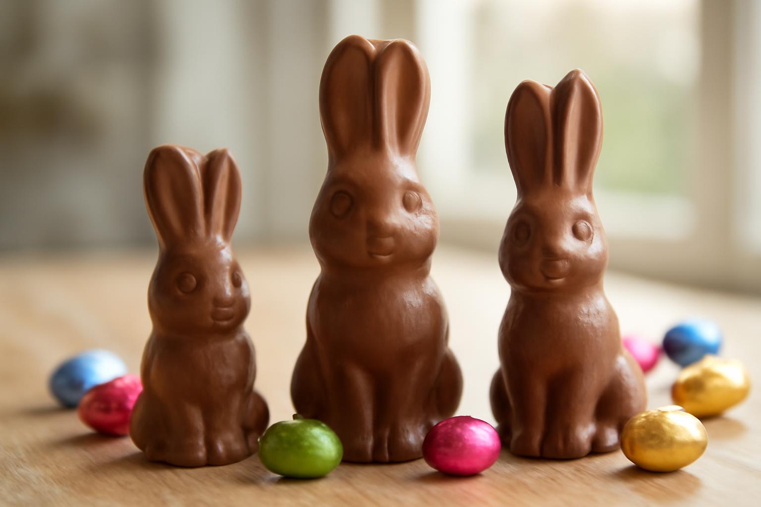 Három különböző méretű csokinyuszi áll egy asztalon, körülöttük színes csokitojások.