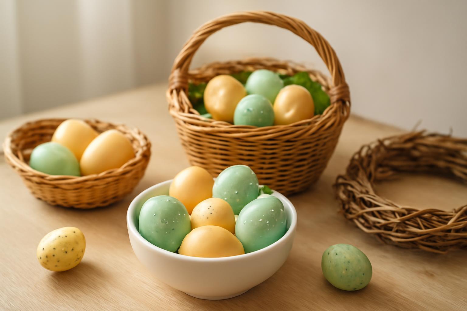 Húsvéti dekorációs tojások különböző színekben kosarakban és tálban.