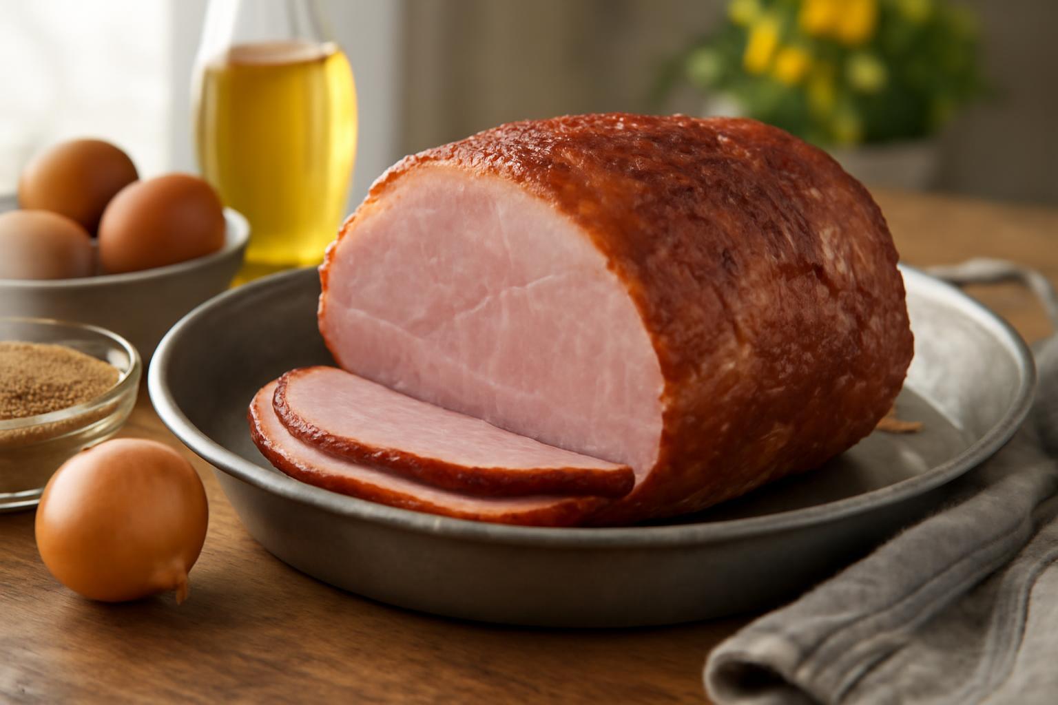 Főtt húsvéti sonka szeletek egy tálban, körülötte fűszerek és tojások.