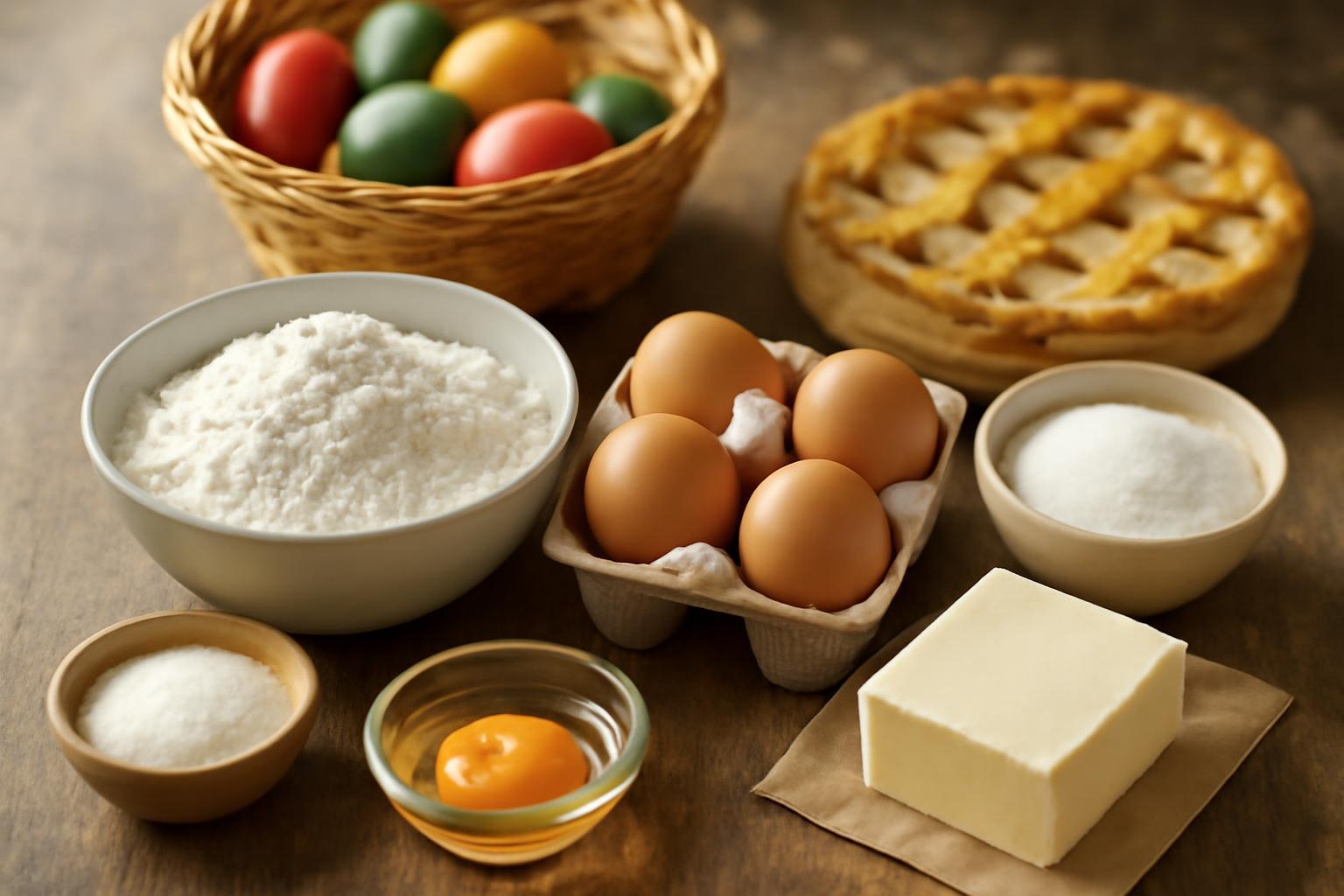 Húsvéti süteményekhez szükséges alapanyagok: liszt, tojás, cukor és vaj.