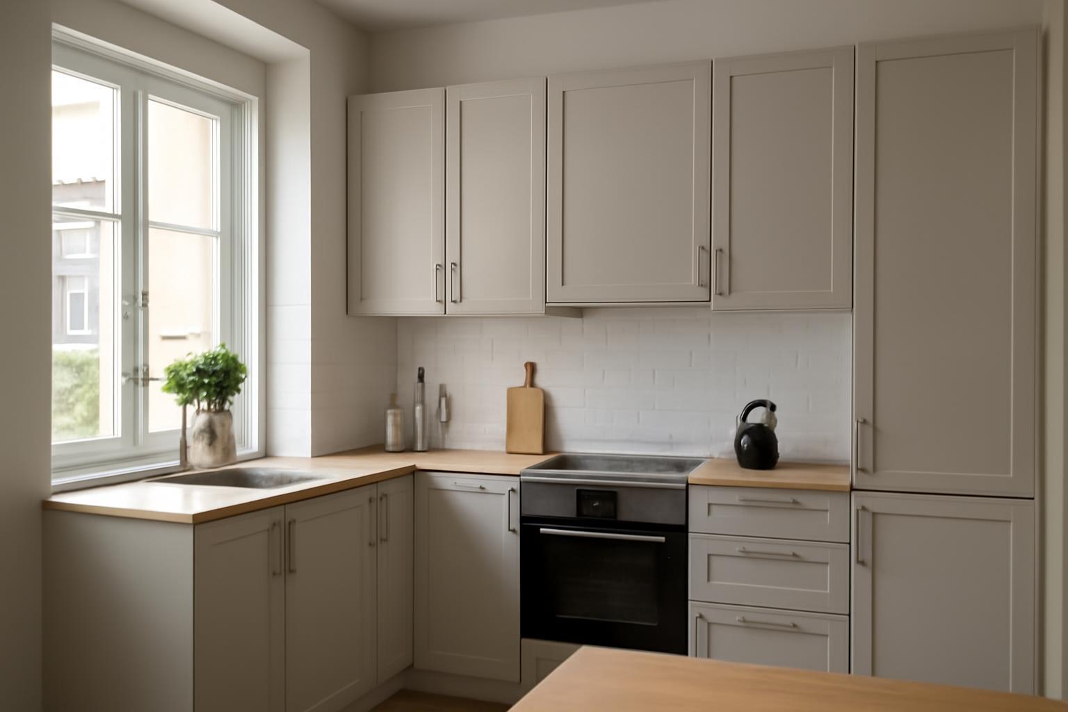 Modern konyha IKEA bútorokkal, világos színű falak és fa munkalapok.