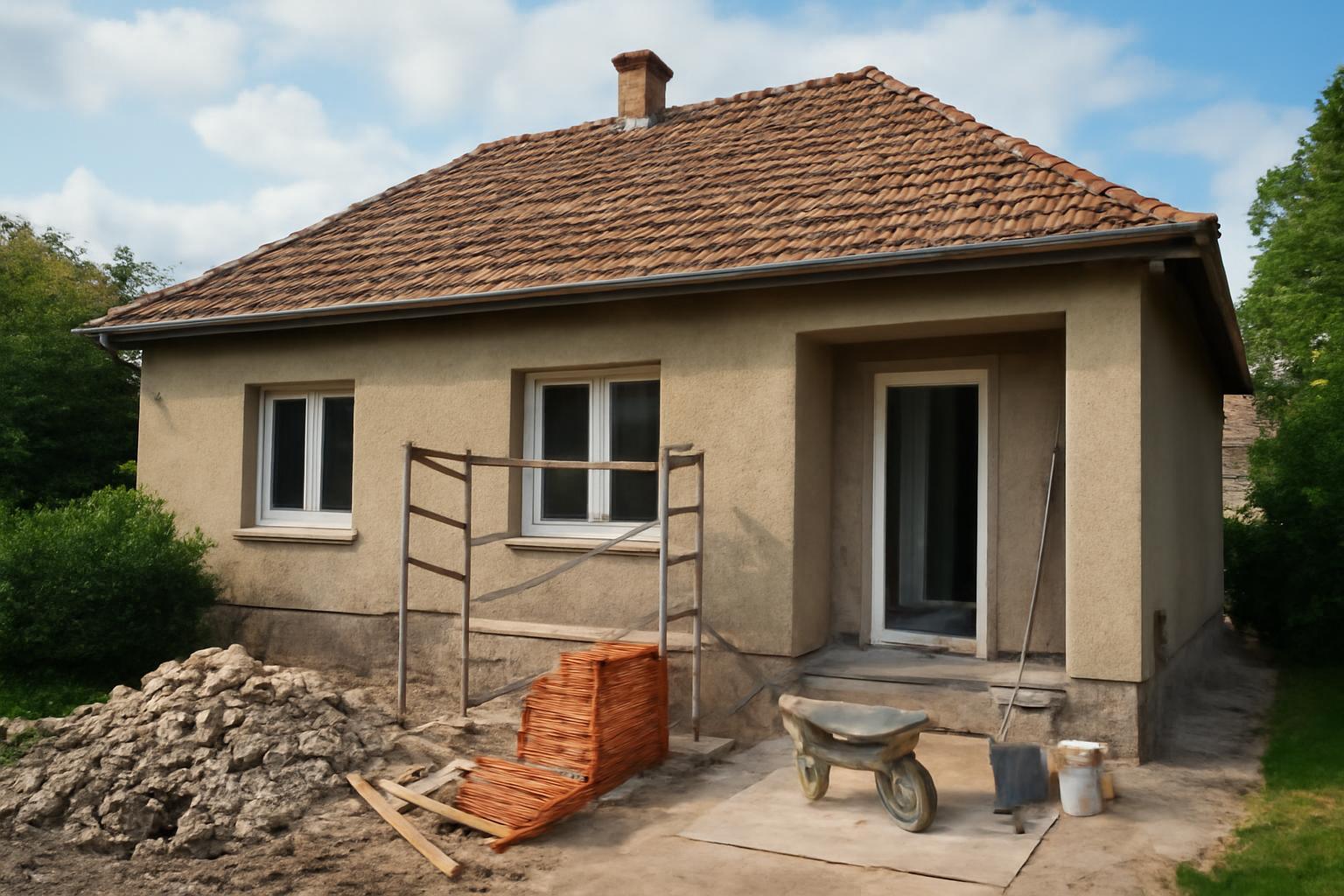 Egy Kádár-kocka ház felújítása folyamatban, láthatóak az építkezési anyagok.