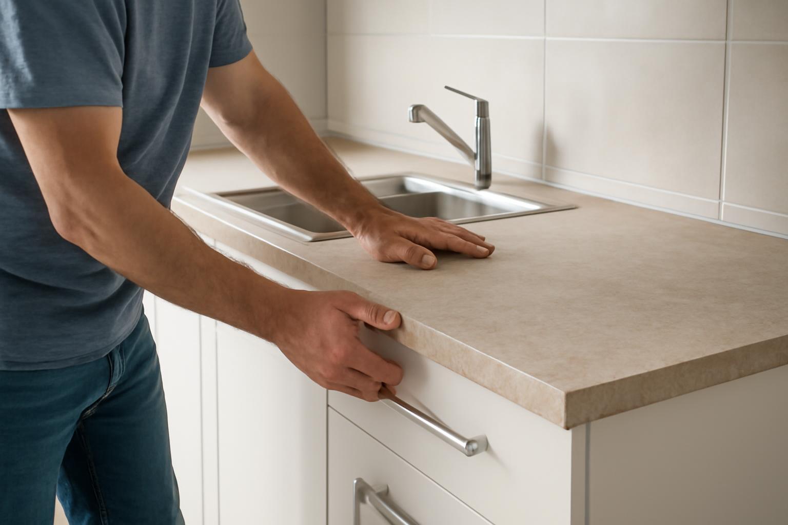 Egy férfi konyhai munkalapot helyez el a mosogató mellett, a felújítás során.