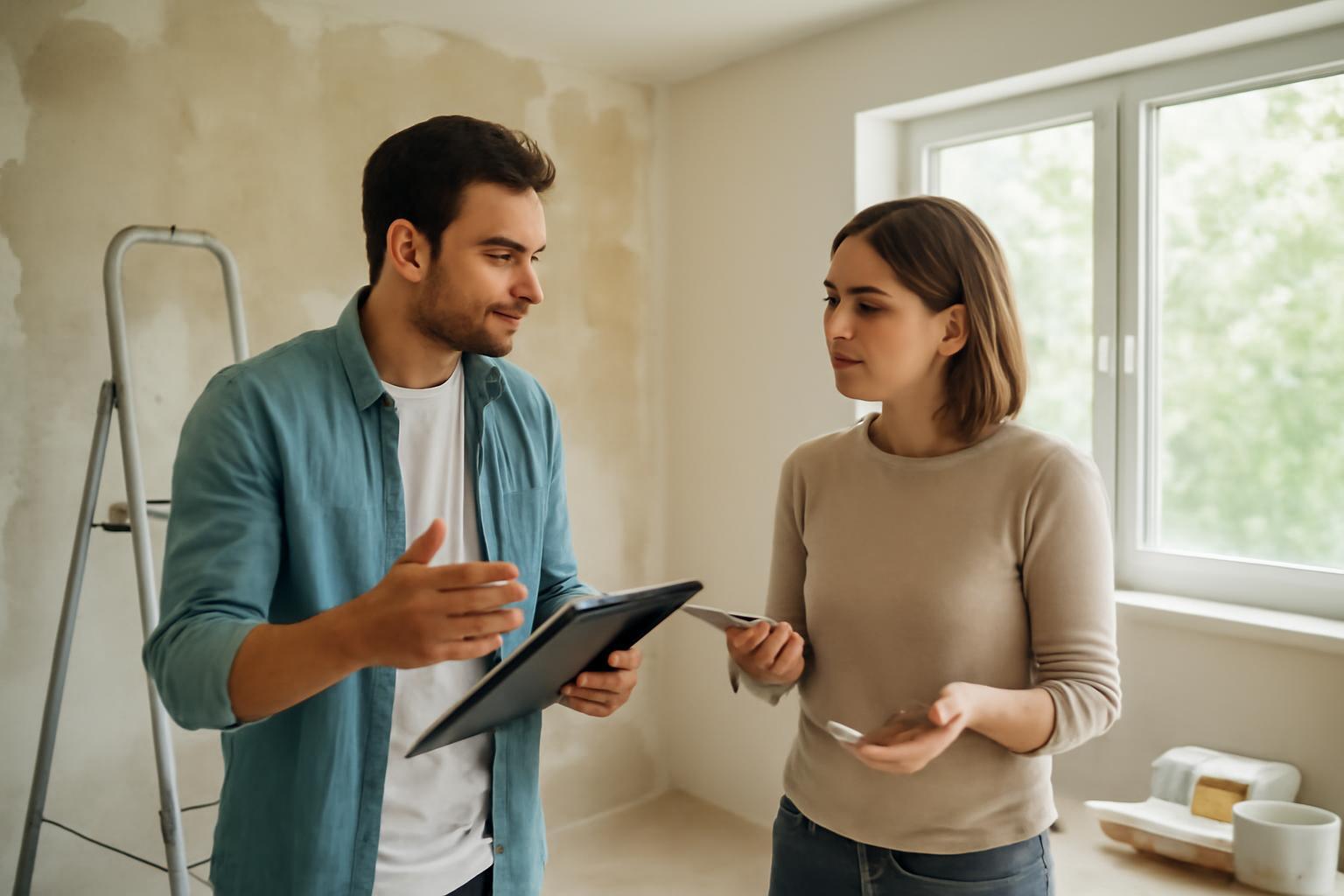 Két ember beszélget egy felújítás alatt álló lakásban, tervezési részletekről.