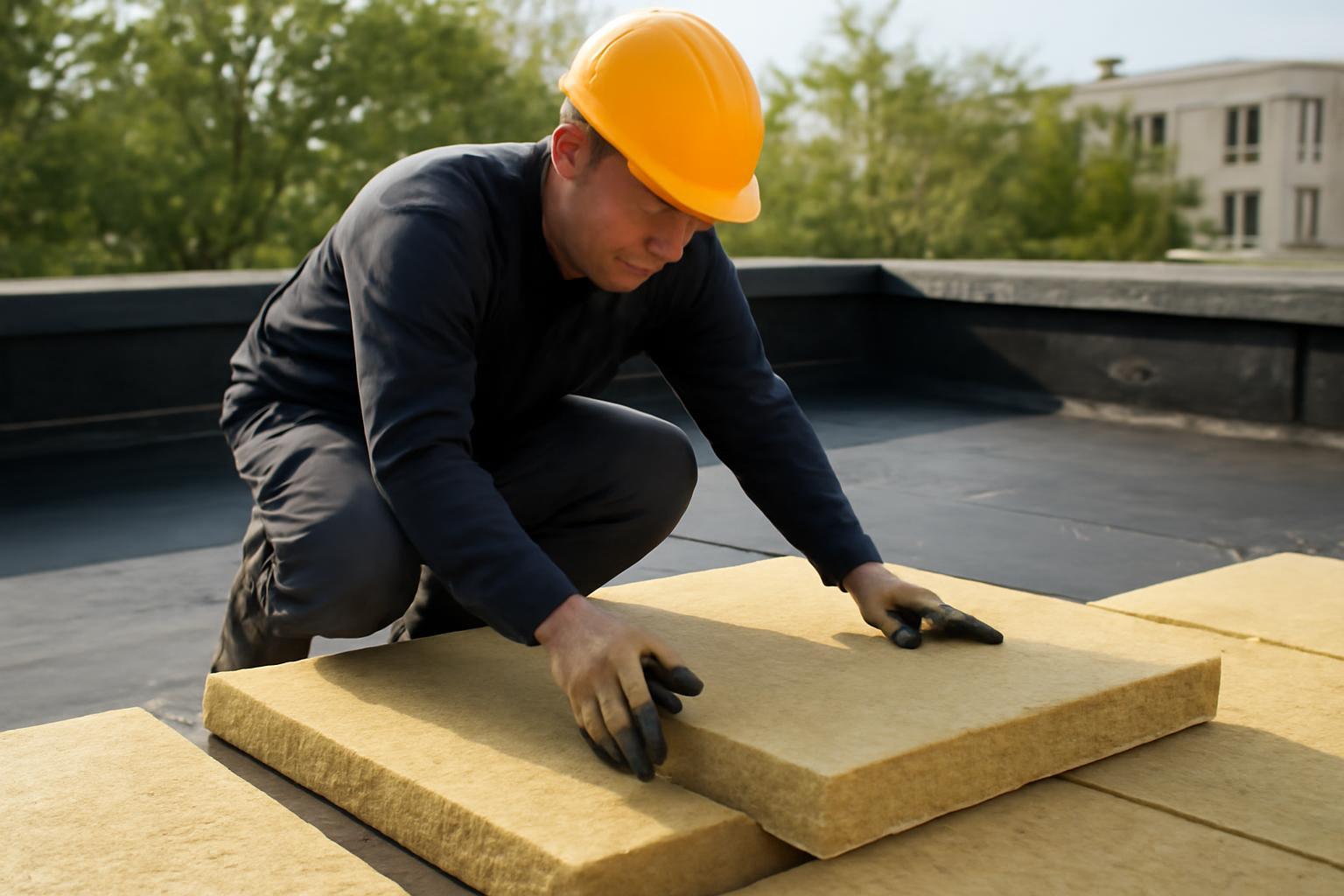 Egy munkás lapostető szigetelésénél hőszigetelő anyagot helyez el.
