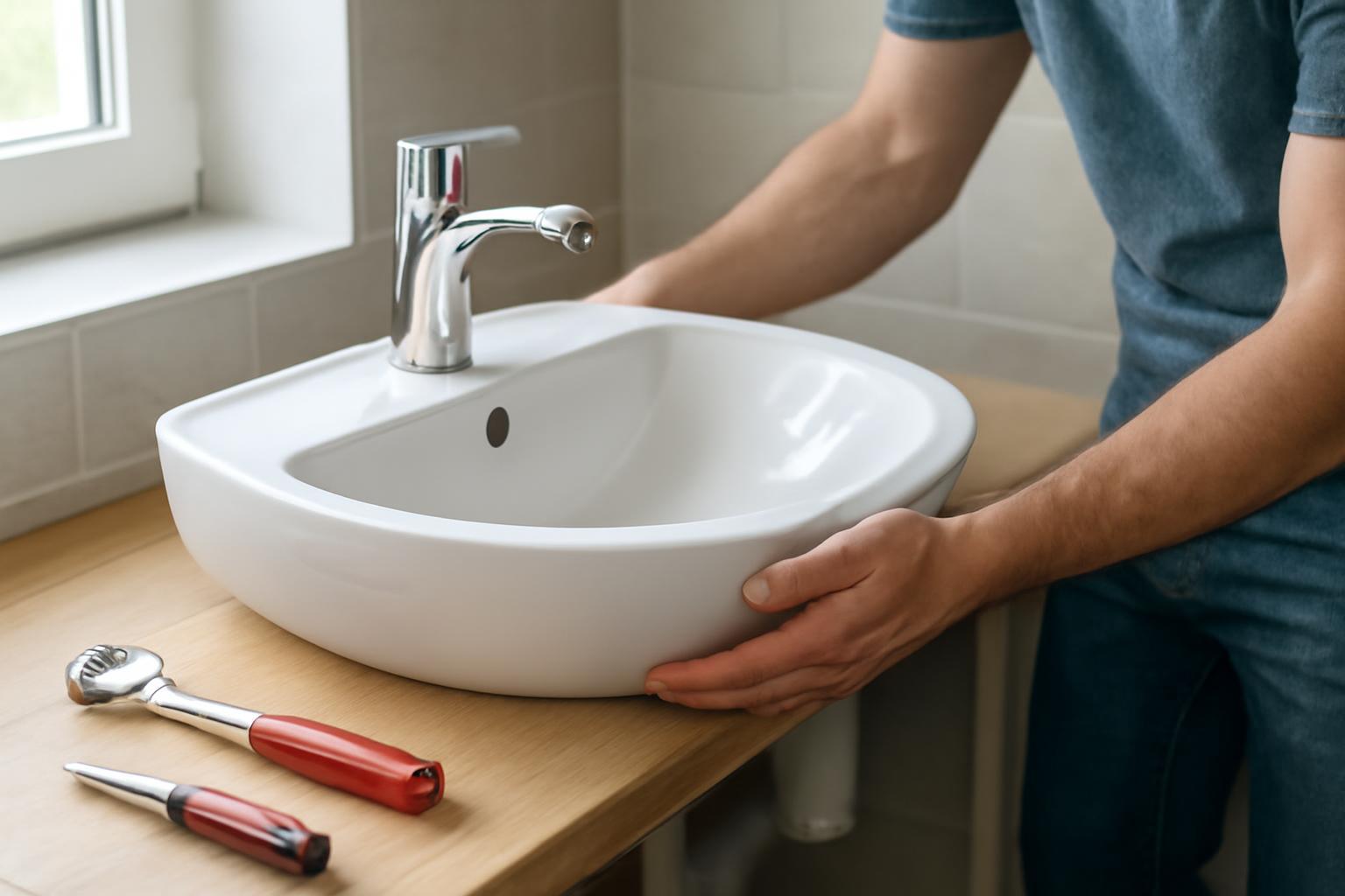 Egy férfi mosdót helyez el egy fa pulton, szerszámokkal az oldalán.