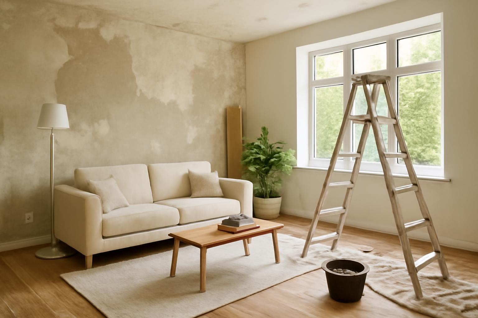 Egy világos nappali, felújítás alatt álló falakkal, bútorokkal és létrával.