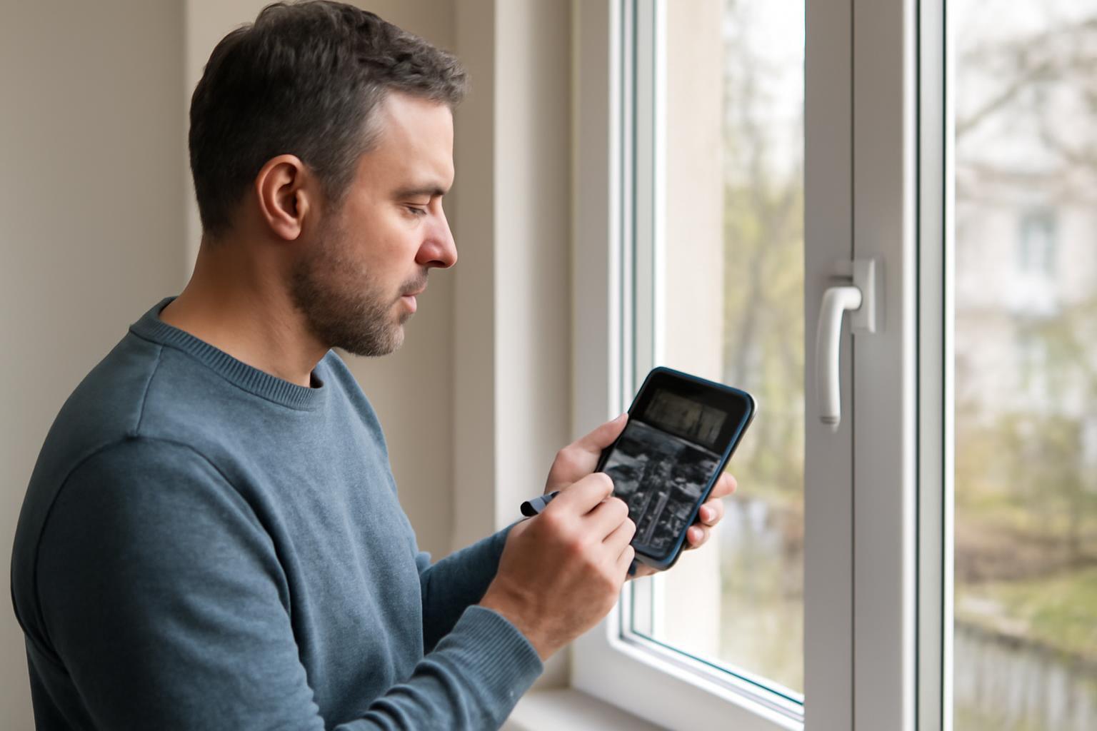 Egy férfi nyílászáró cserét tervez, miközben a telefonján információkat néz.