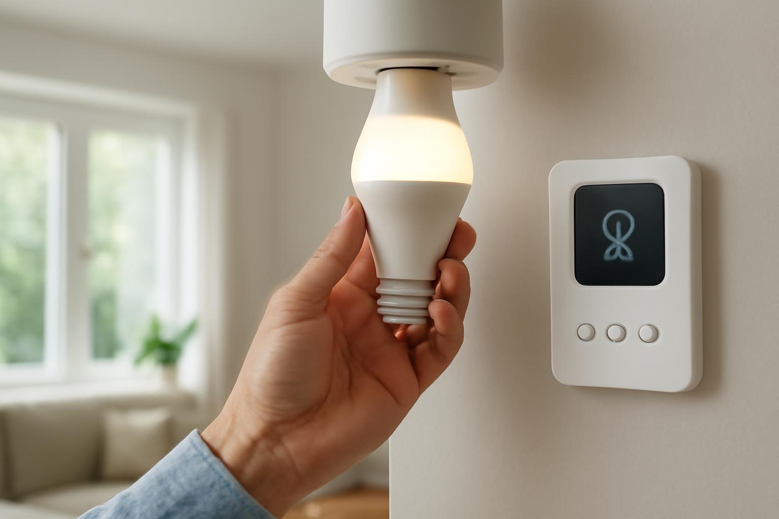 Egy kéz éppen egy okos izzót szerel be, mellette egy vezérlőpanel látható.