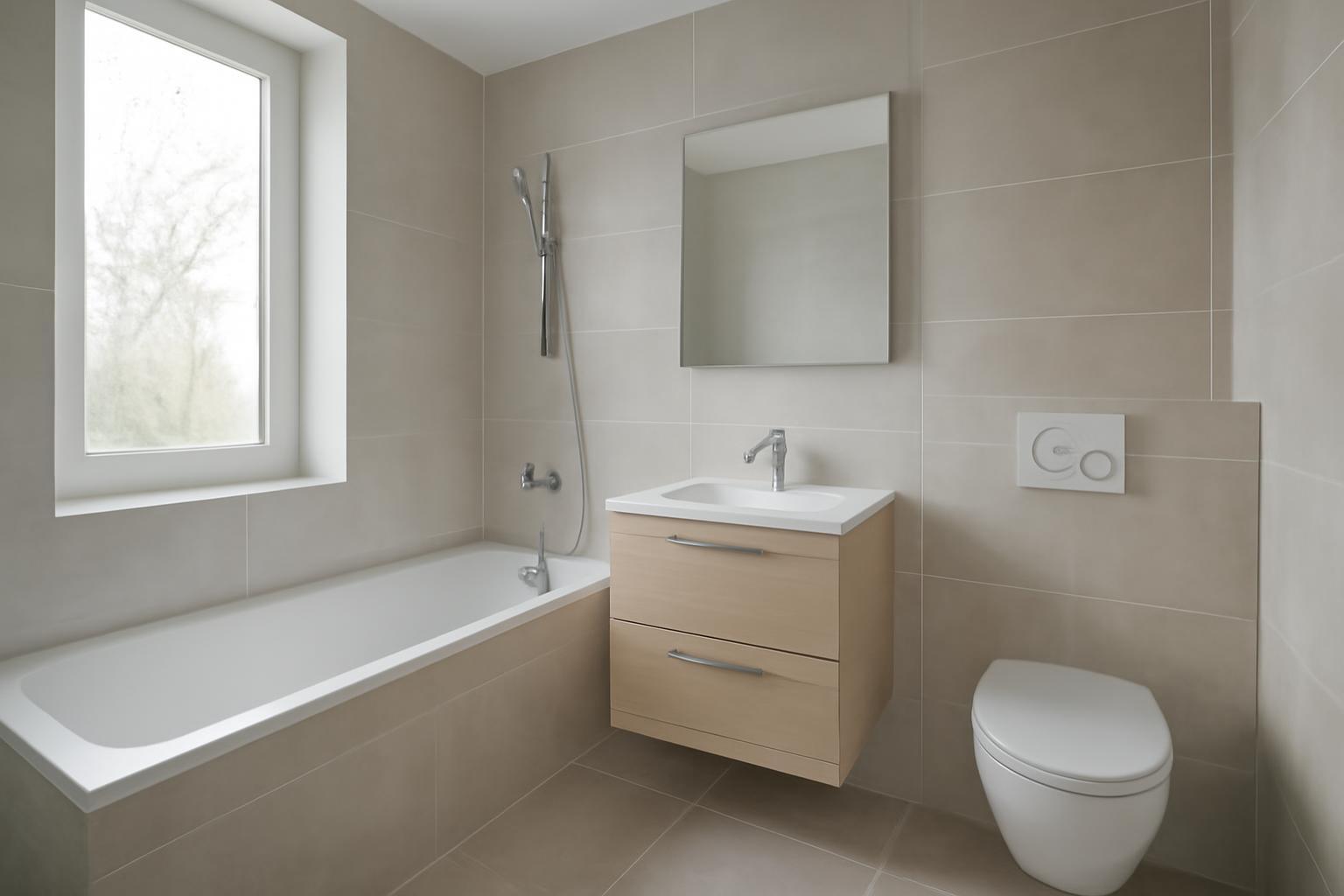 Modern panel fürdőszoba, világos csempékkel, kád és mosdó bútordarabokkal.