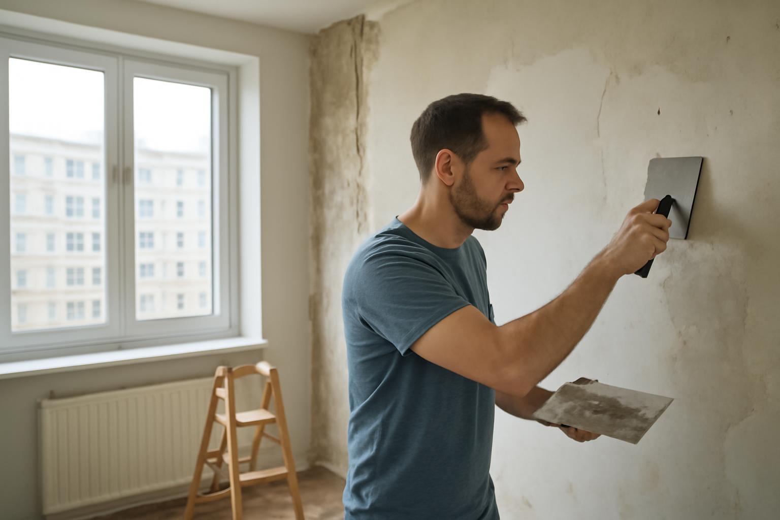 Egy férfi a panel lakás falát javítja, felújítás közben.