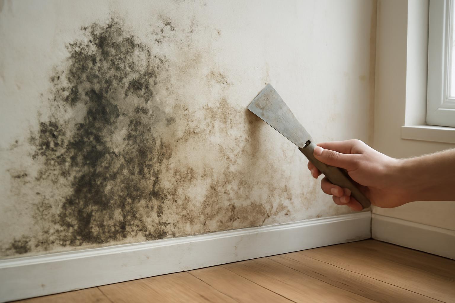 Egy kéz penészes falat kezel, kaparóeszközzel eltávolítja a penészt.