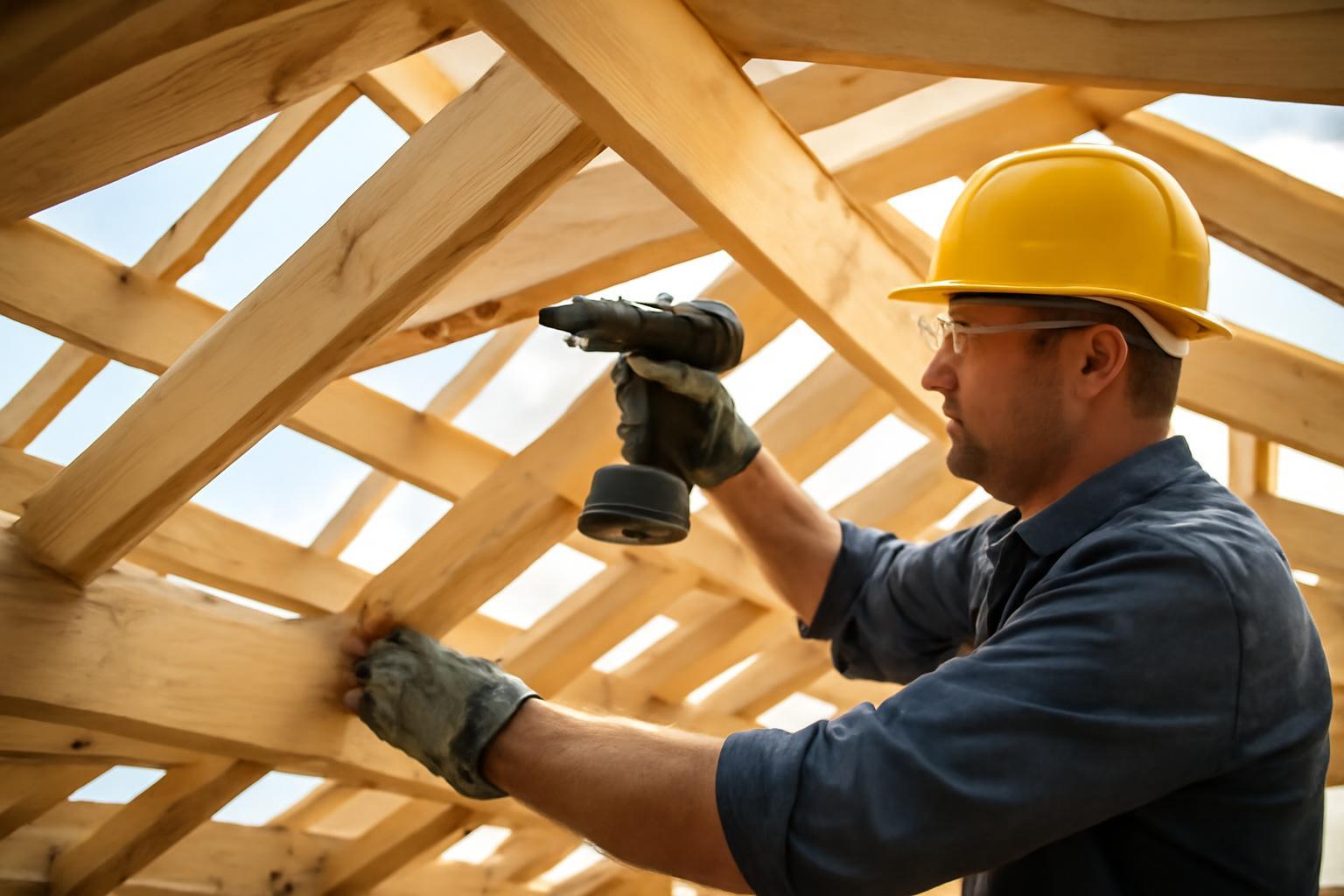 Egy szakember tetőszerkezet megerősítésén dolgozik, fából készült elemeket rögzít.