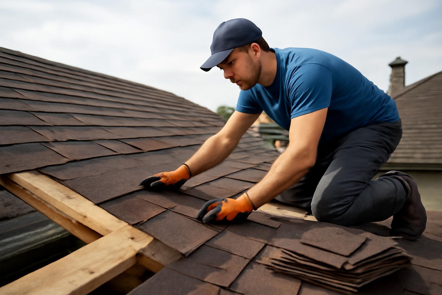 Egy munkás tetőcsere közben, új tetőcserepeket helyez el.