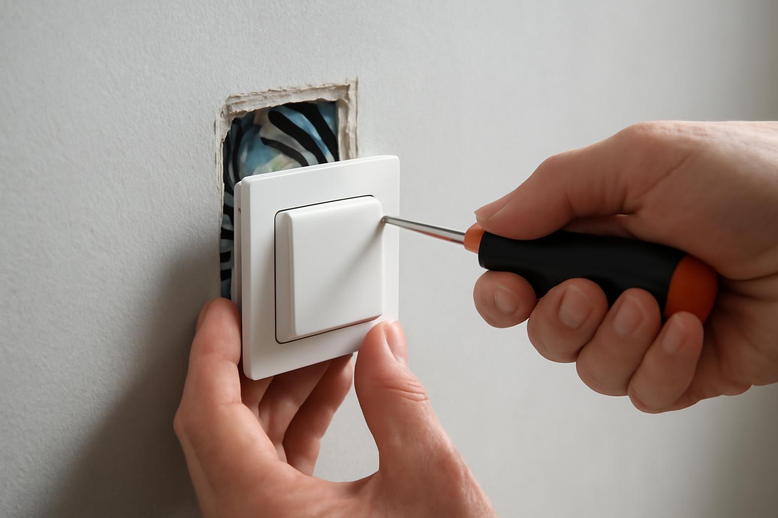 Kéz egy új kapcsoló beszerelésénél, csavarhúzóval dolgozik.