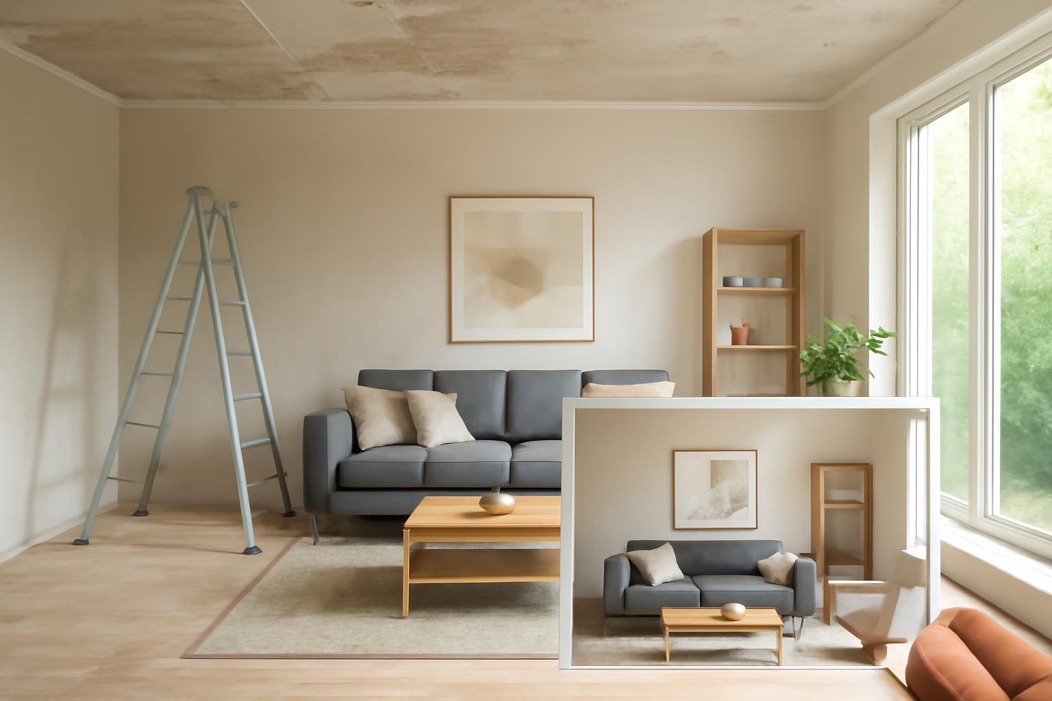 Modern nappali 3D látványtervvel, amely bemutatja a felújítási lehetőségeket.