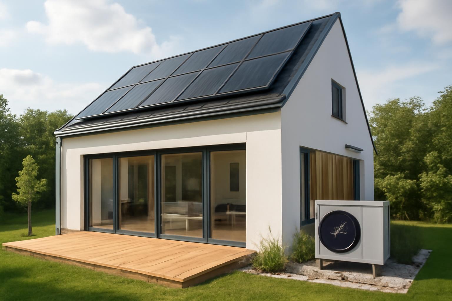 Modern nulla rezsis ház napkollektorokkal, zöld környezetben.