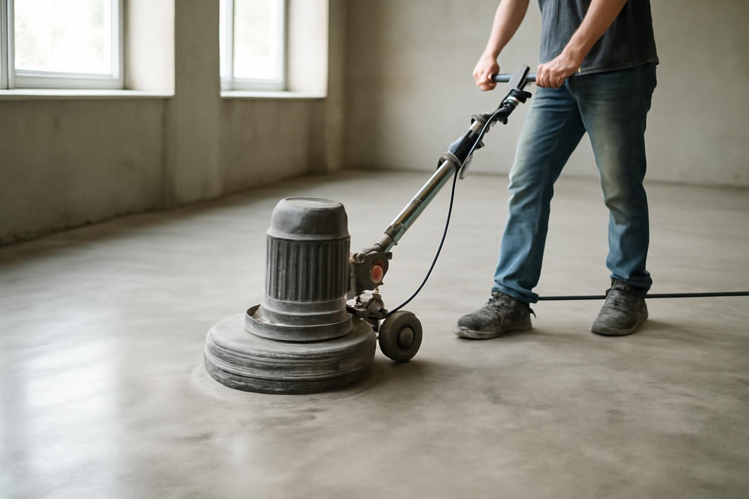 Egy szakember betonpadlót csiszol, a felület simításához használt géppel.