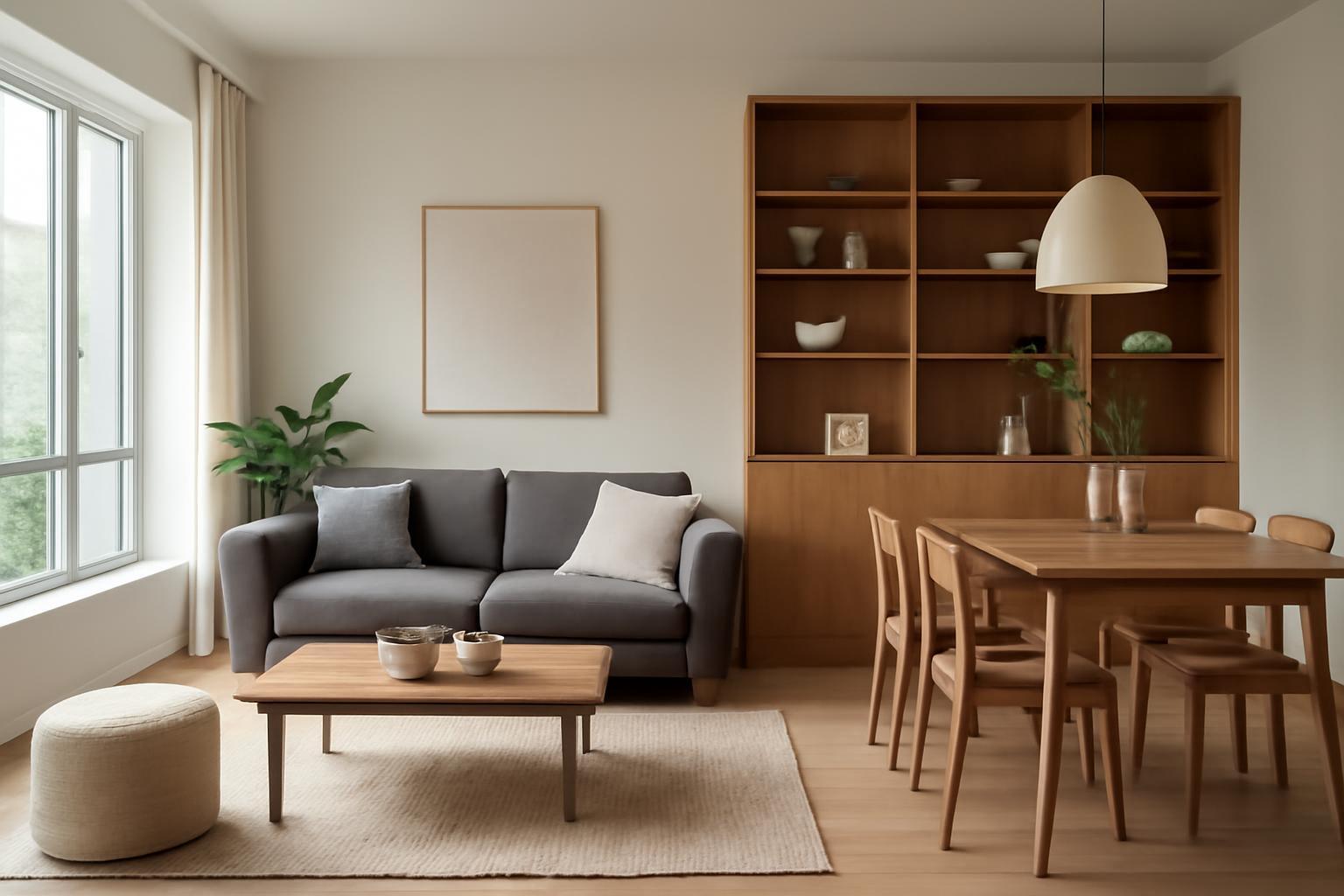 Modern, egyedi bútorokkal berendezett nappali, világos színekkel és természetes anyagokkal.