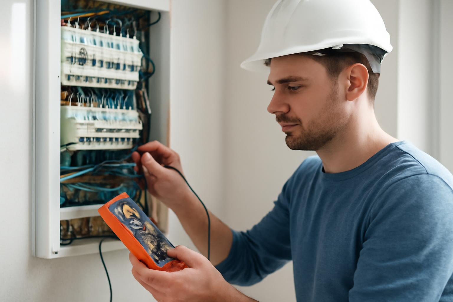 Egy szakember elektromos rendszer auditot végez, műszerrel ellenőrzi a vezetékeket.