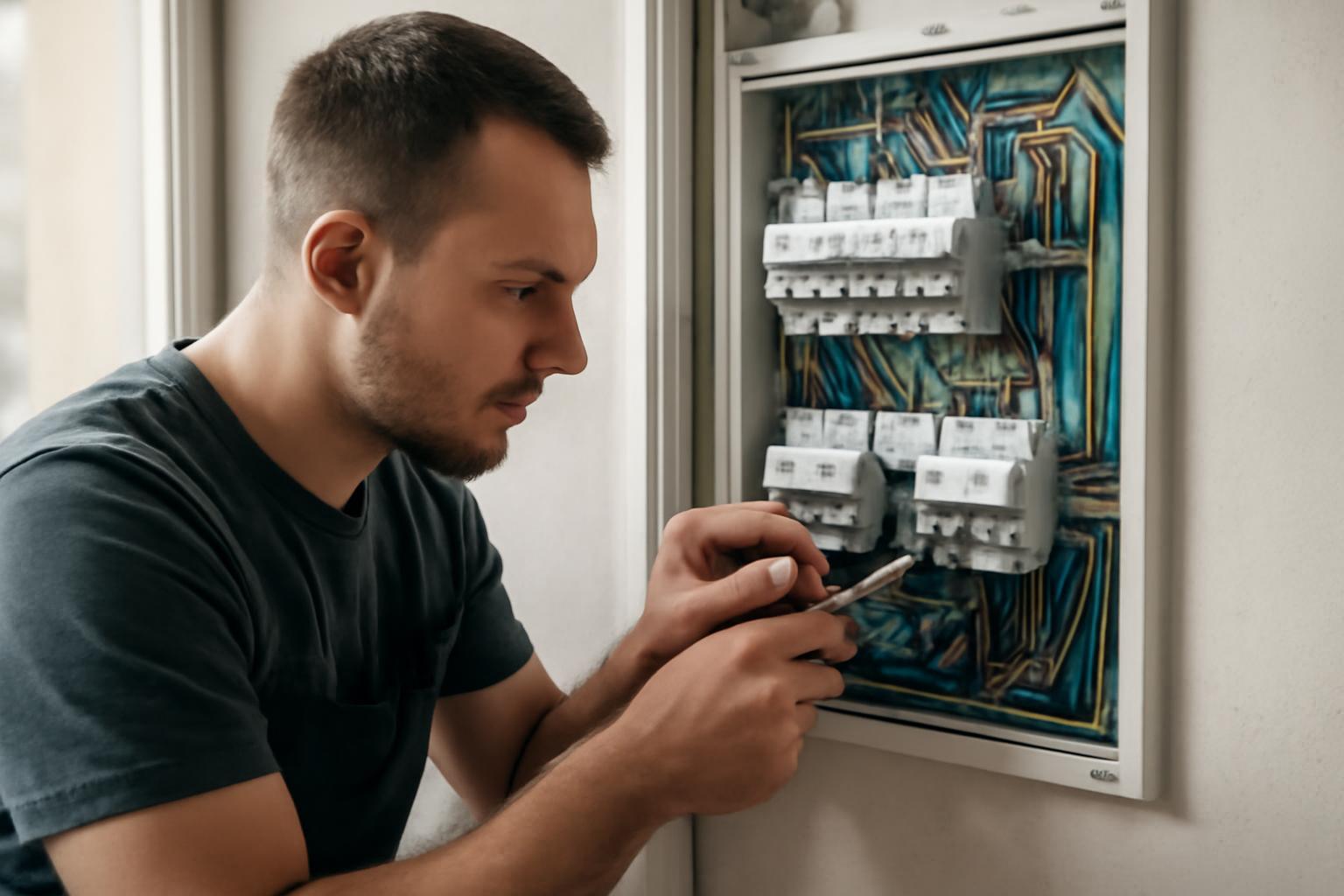 Egy férfi az elektromos rendszer modernizálásához szükséges munkálatokat ellenőrzi okostelefonján.