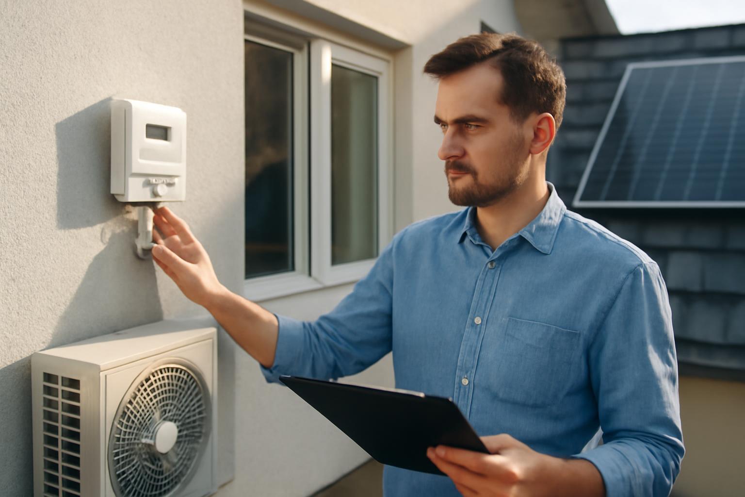 Egy férfi energetikai korszerűsítést ellenőriz egy ház falán elhelyezett mérőóránál.