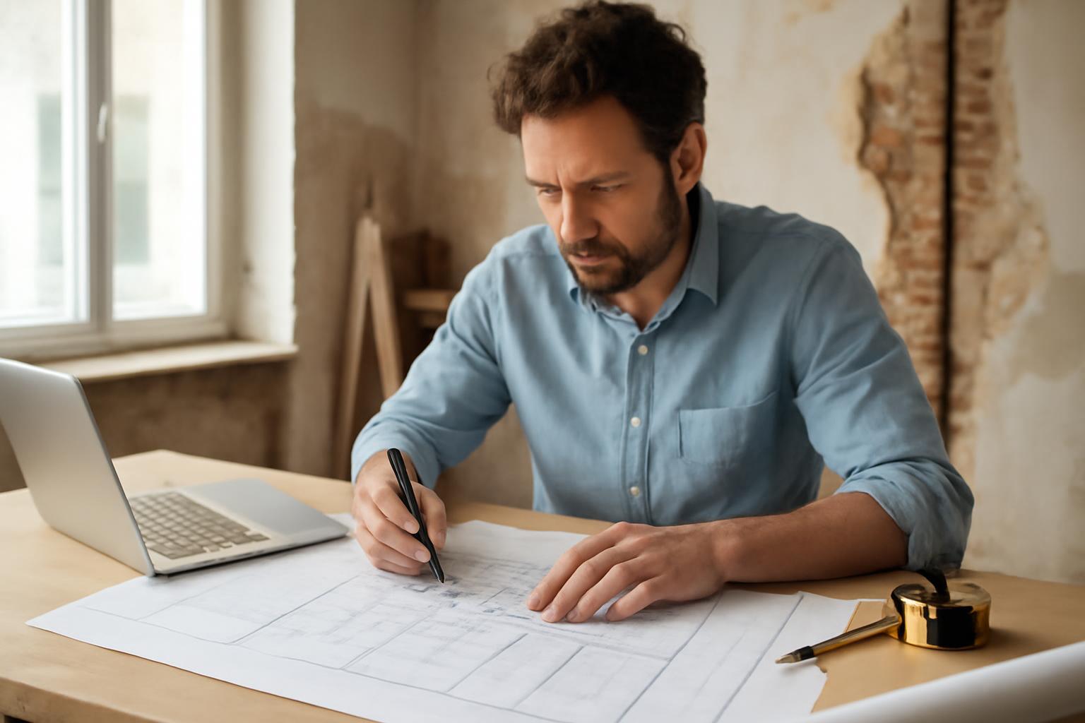 Egy építész tervezési rajzot készít egy asztalon, laptop mellett.