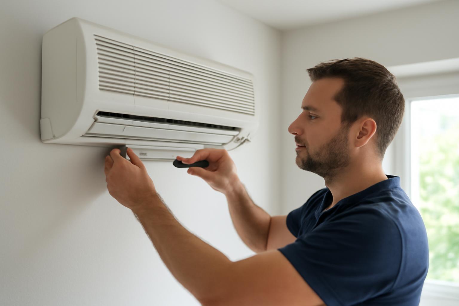 Egy férfi fan-coil rendszer telepítésén dolgozik, szerszámot használva.