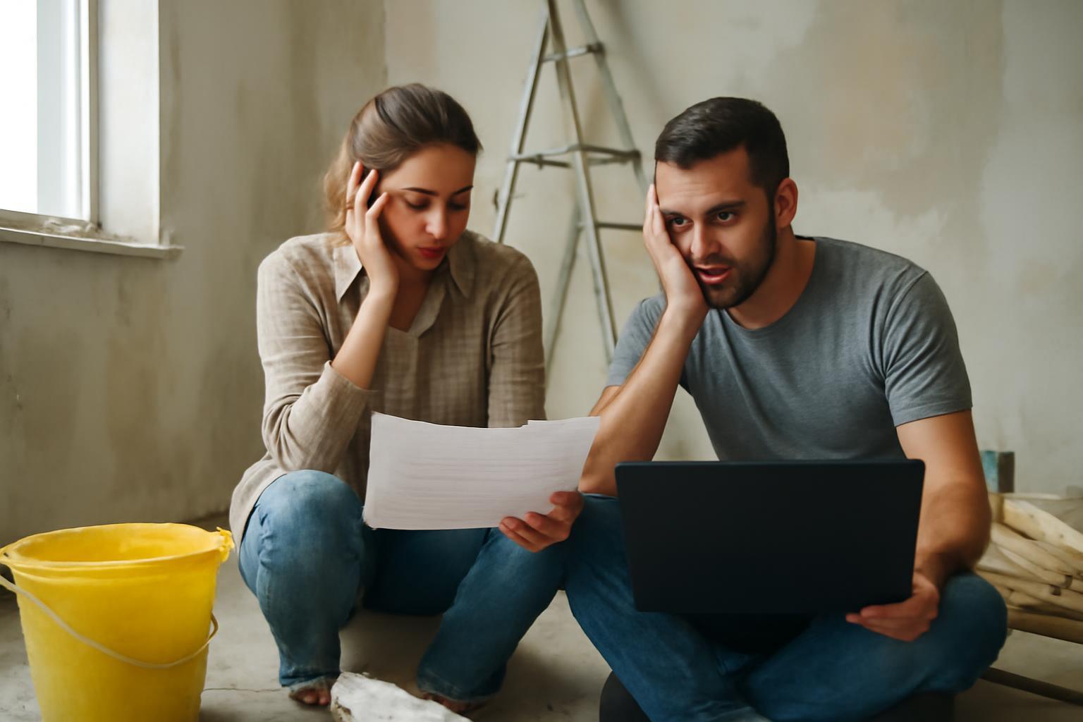 Két fiatal felnőtt ül a felújítás alatt álló szobában, aggódva nézik a papírokat és a laptopot.