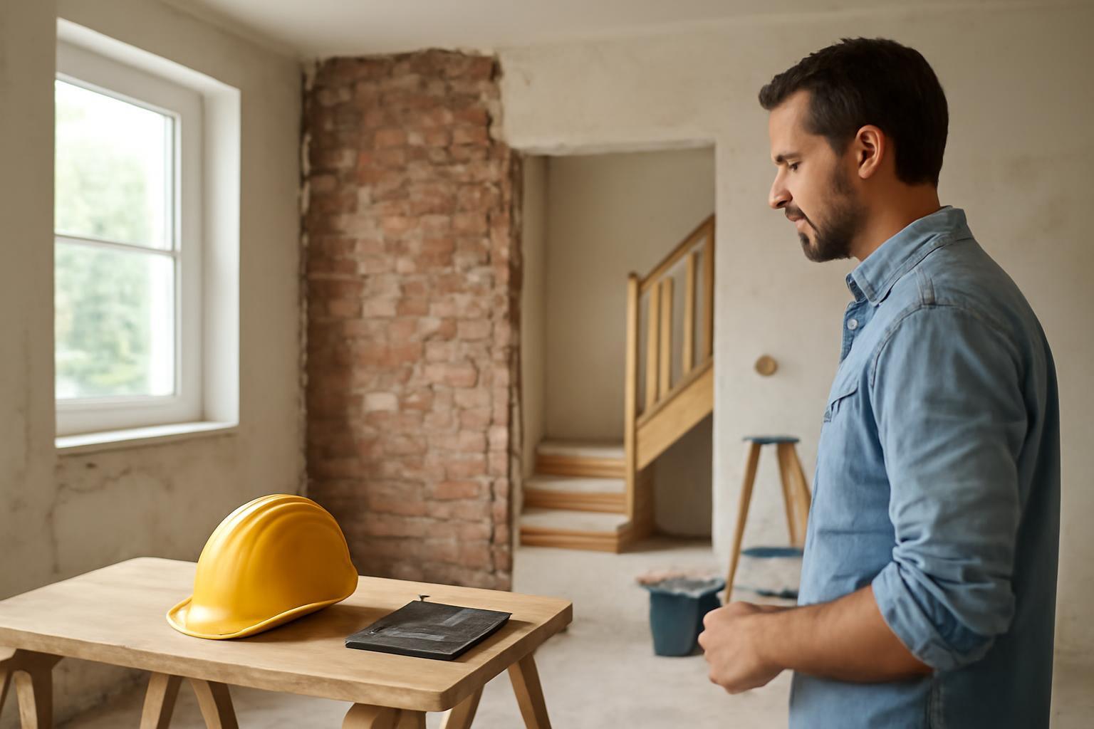 Egy férfi nézi a sárga építkezési sisakot és a jegyzetfüzetet egy felújítás alatt álló lakásban.