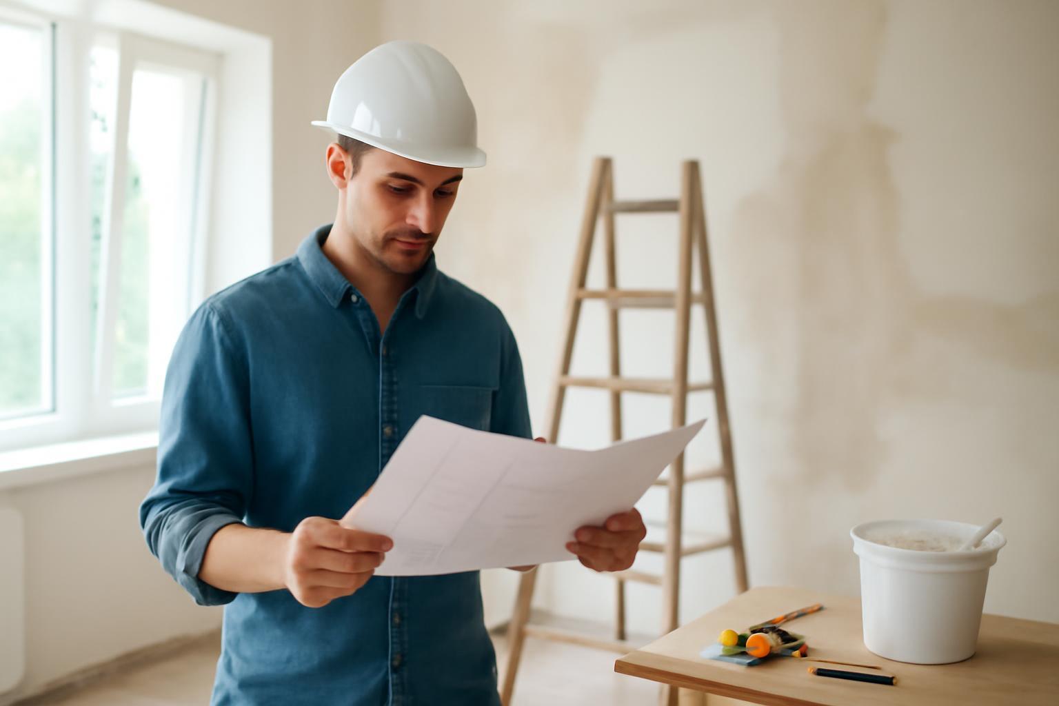 Egy férfi építkezési tervet néz egy felújítás alatt álló helyiségben.