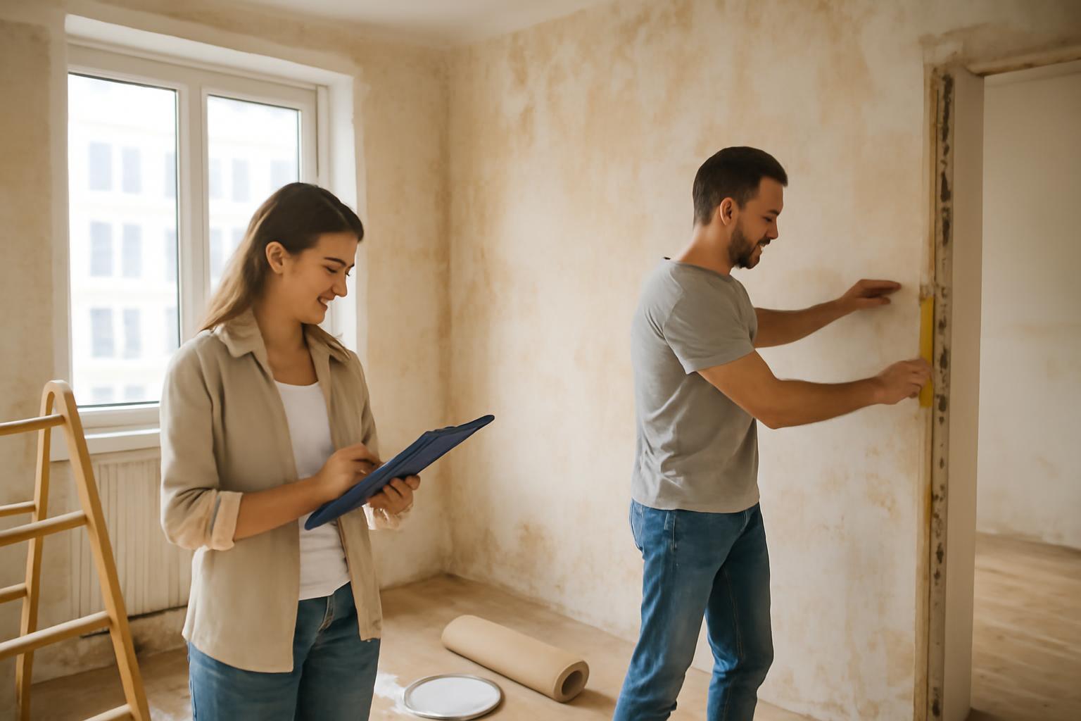 Egy nő és egy férfi felújítanak egy használt lakást, a nő jegyzetel.