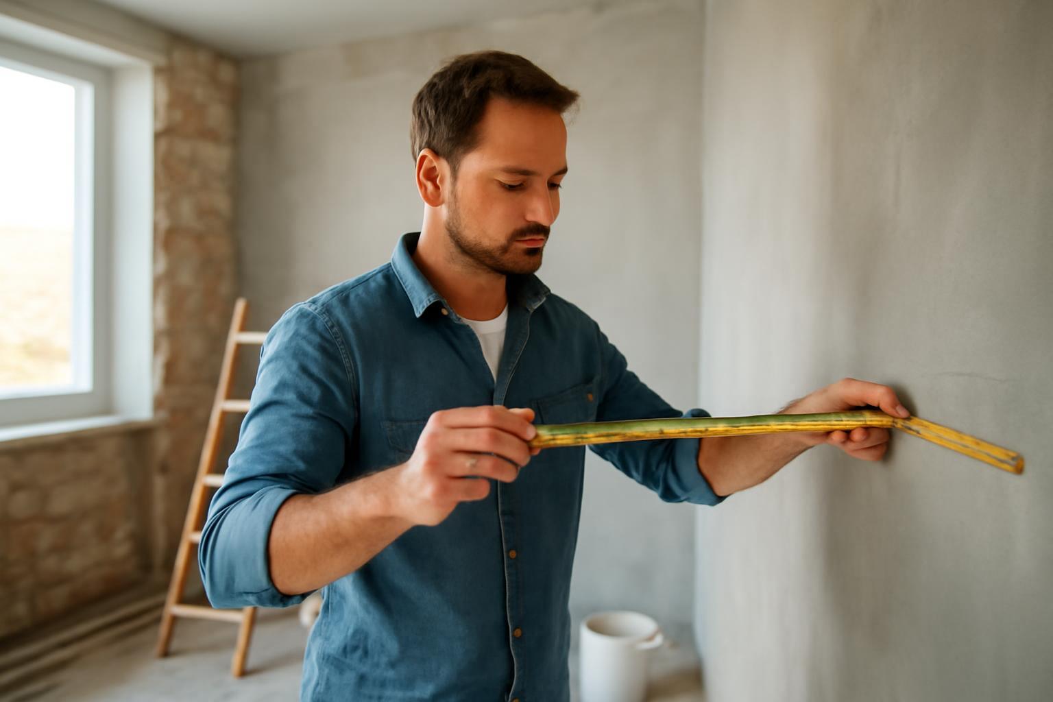 Egy férfi mérőszalaggal méri a falat egy felújítás során.