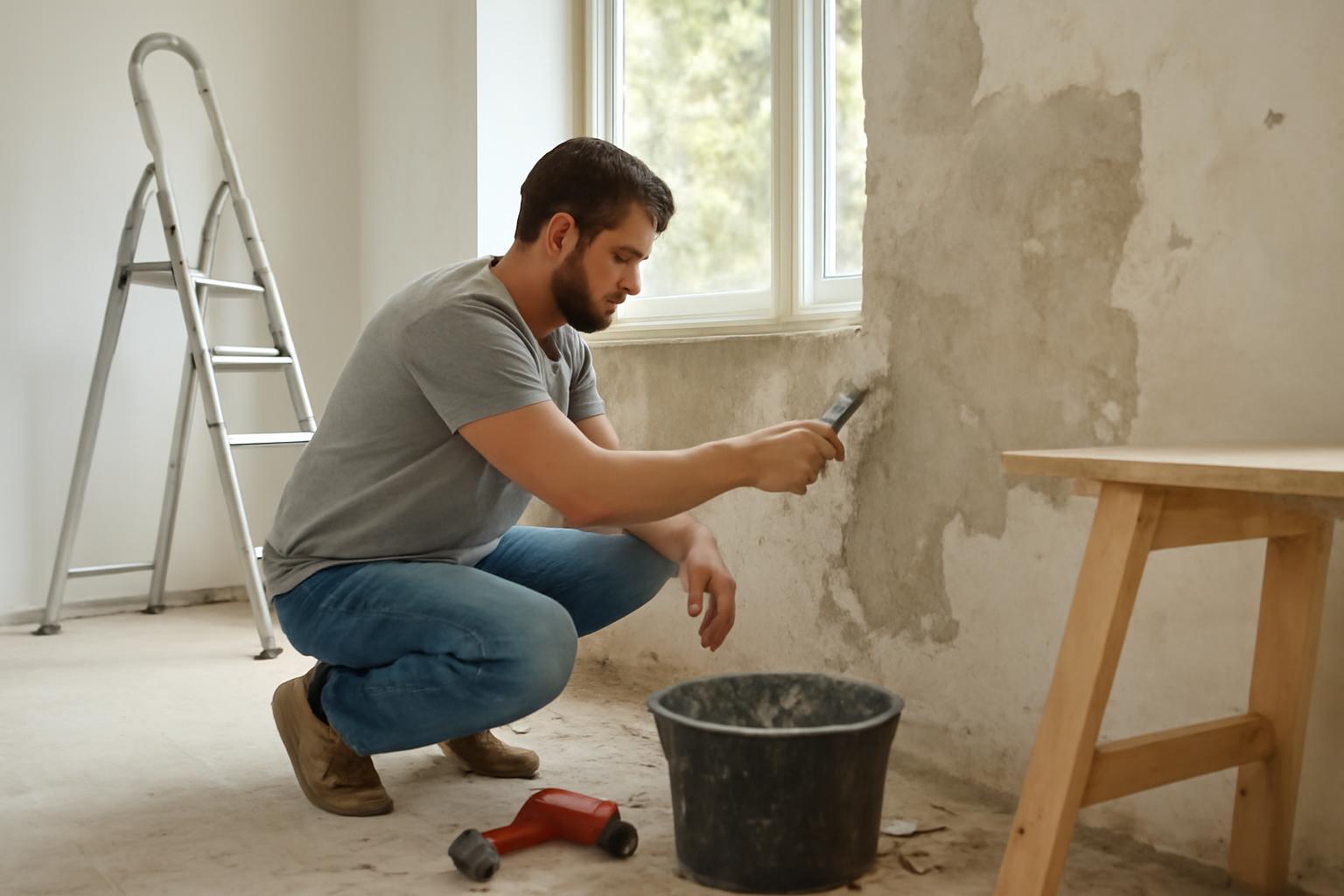 Egy férfi a falat javítja a lakásfelújítás során, mellette létra és vödör.