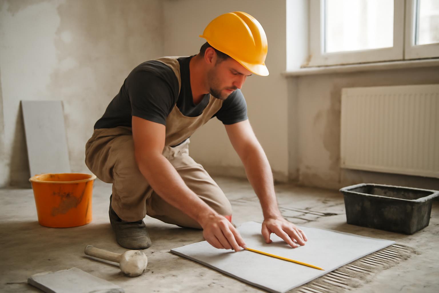 Egy szakember a felújítás során csempét mér és jelöl, a munkahelyén.
