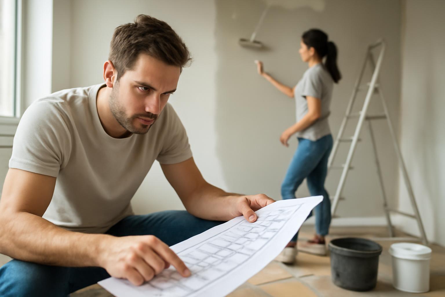 Egy férfi felújítási terveket néz, míg egy nő festi a falat.