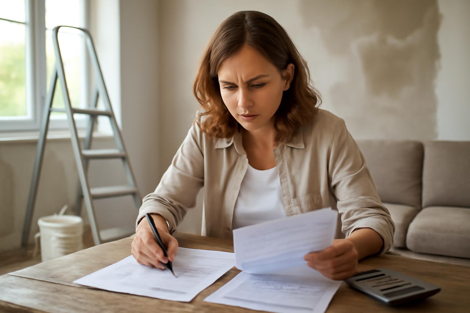 Egy nő papírokat néz át és számol a felújítás költségeivel kapcsolatban.