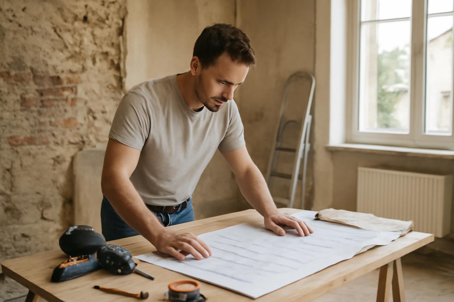 Egy férfi felújítási terveket néz át egy asztalon, körülötte építkezési anyagok.