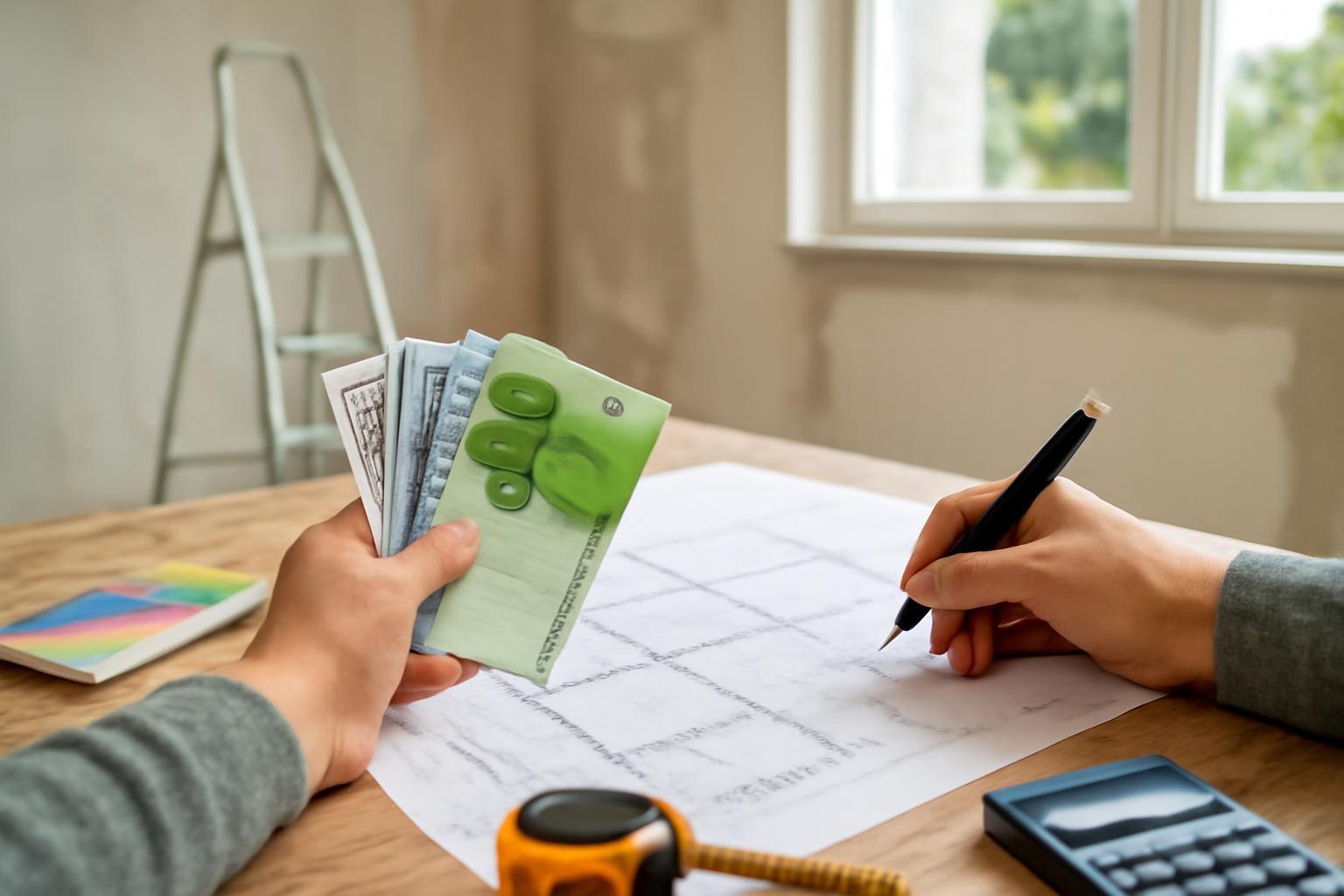 Két kéz, az egyik pénzt, a másik papírt és tollat tart, felújítási költségeket tervez.