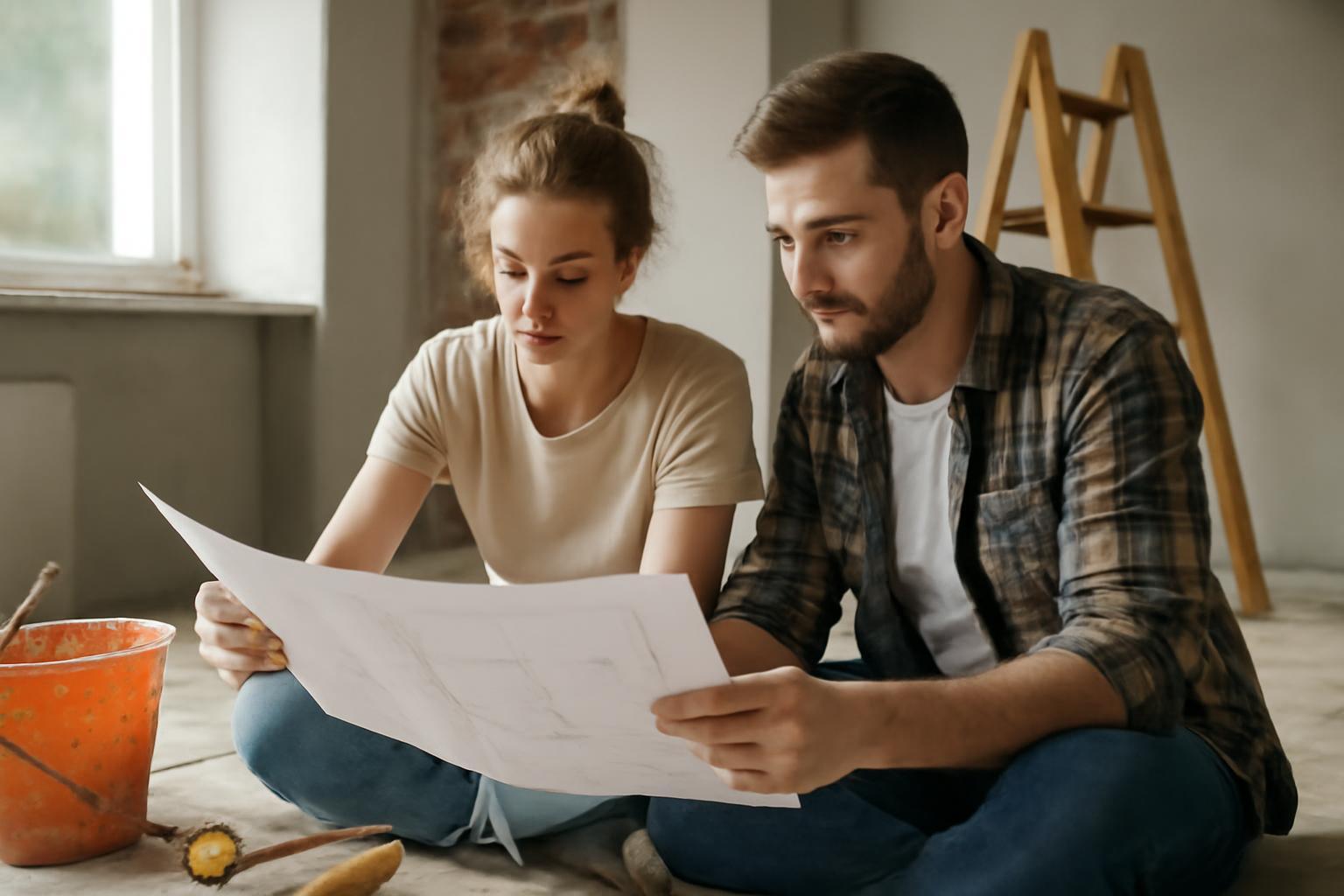 Két fiatal ember ül a padlón, felújítási terveket nézve.