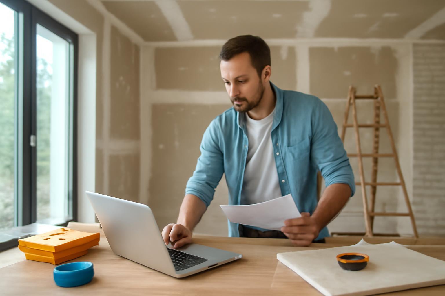 Egy férfi laptop előtt áll, felújítási terveket nézve egy modernizálás során.