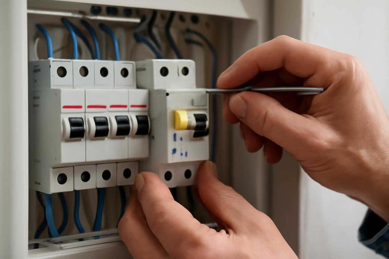 Szakember FI relé beépítésén dolgozik egy villanyszerelési panelen.