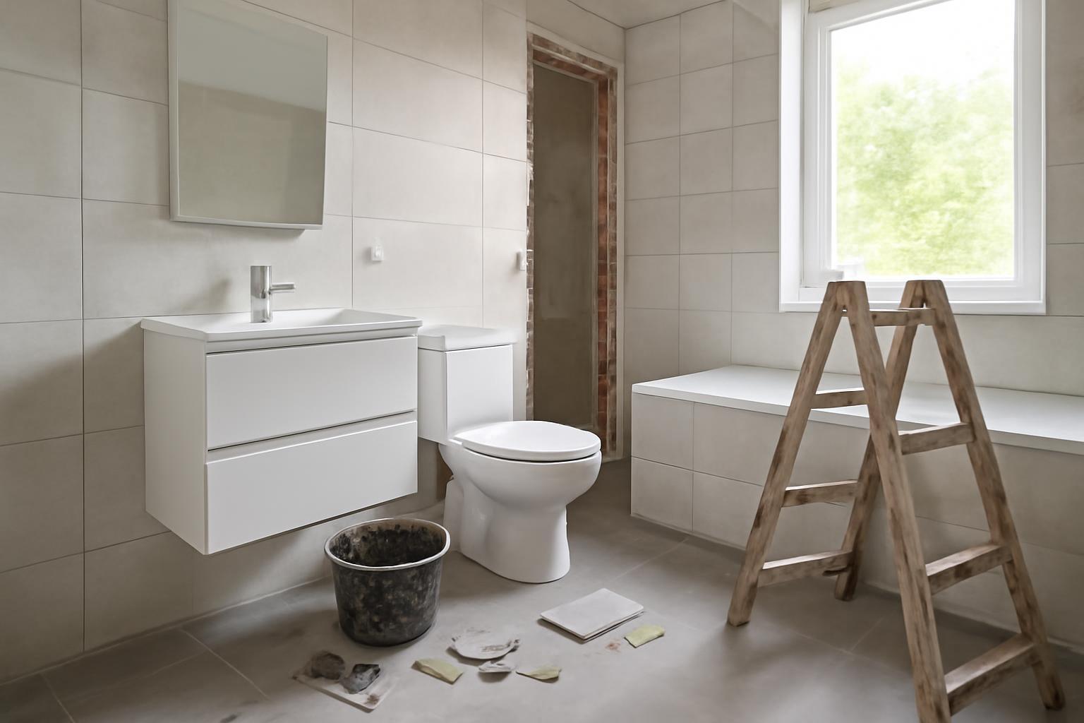 Frissen felújított fürdőszoba, modern bútorokkal és eszközökkel.