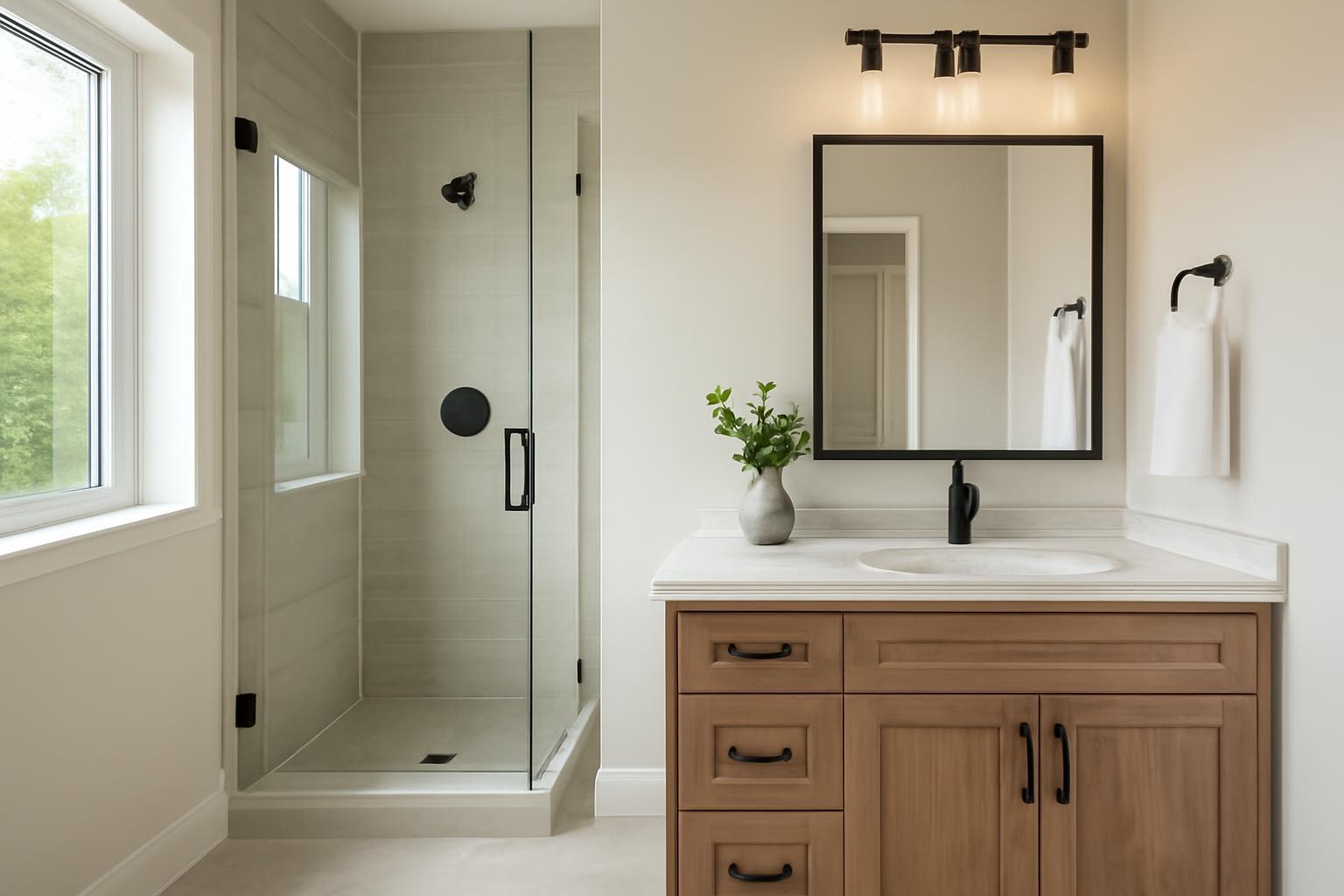 Modern fürdőszoba, üveg zuhanyzóval és elegáns mosdószekrénnyel.